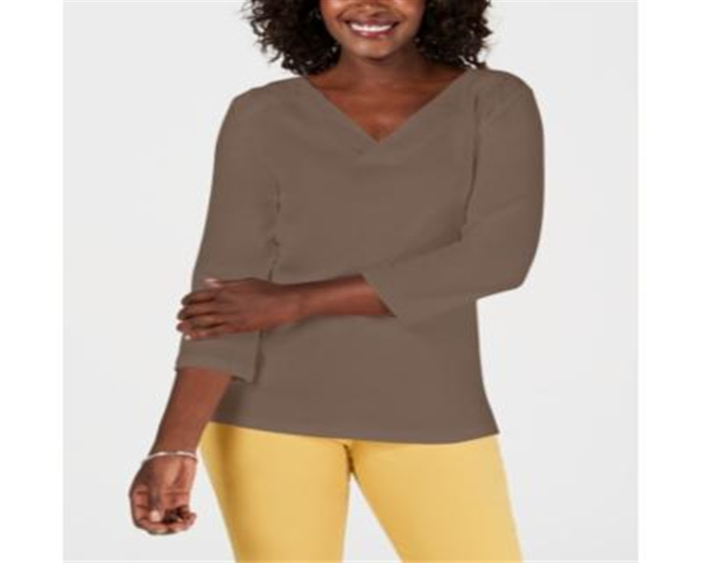 Karen Scott Blusa feminina de algodão com decote em V e ilhós, marrom, tamanho pequeno