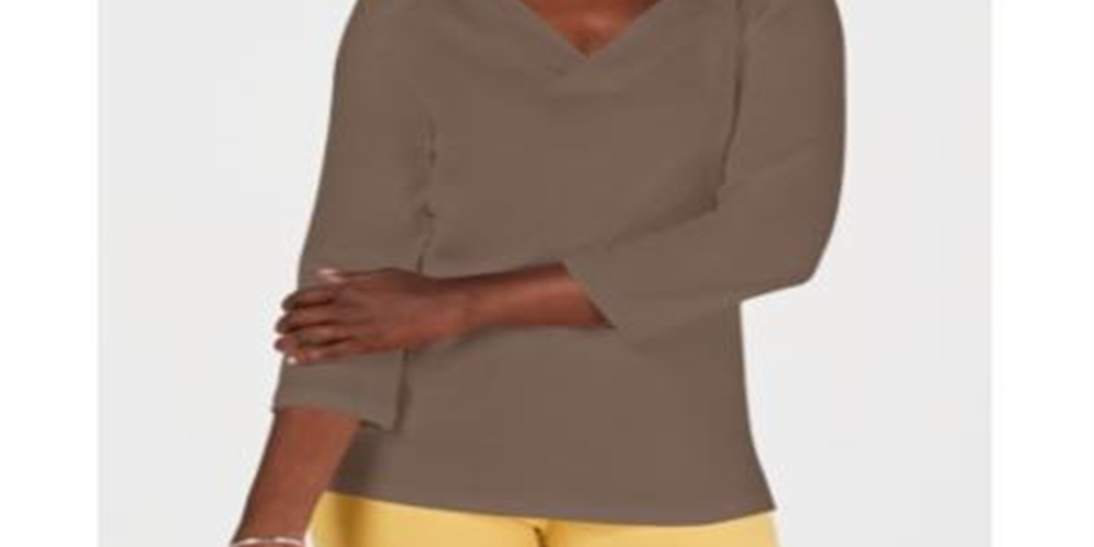 Karen Scott Blusa feminina de algodão com decote em V e ilhós, marrom, tamanho pequeno