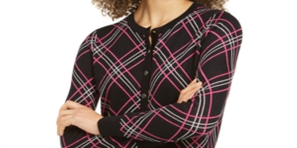 Cardigan xadrez feminino Charter Club, preto, tamanho pequeno