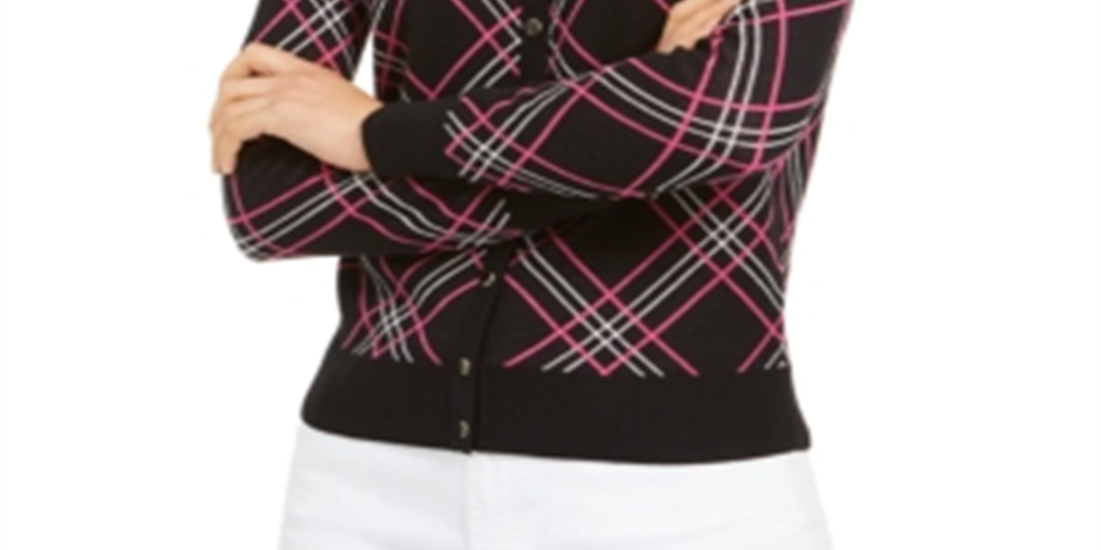Cardigan xadrez feminino Charter Club, preto, tamanho pequeno