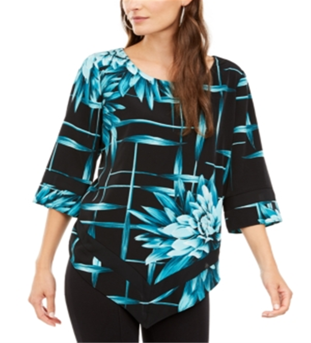 Blusa feminina Alfani estampada com bainha em V, azul, tamanho X-G