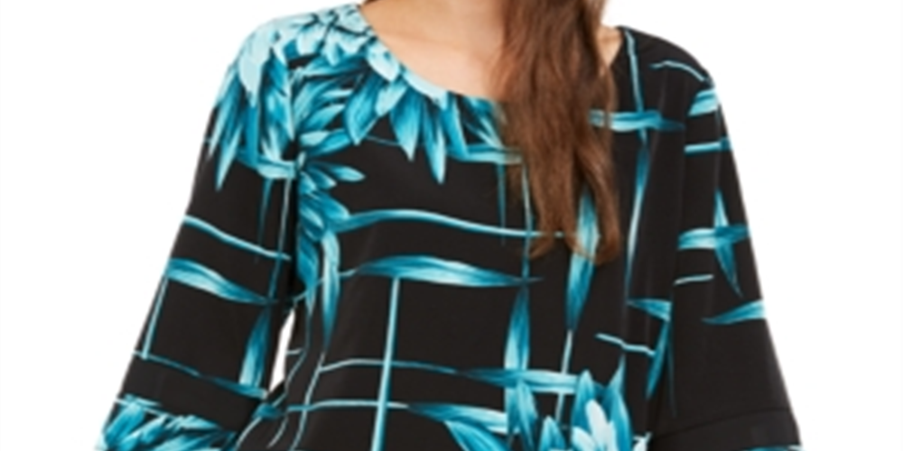 Blusa feminina Alfani estampada com bainha em V, azul, tamanho X-G