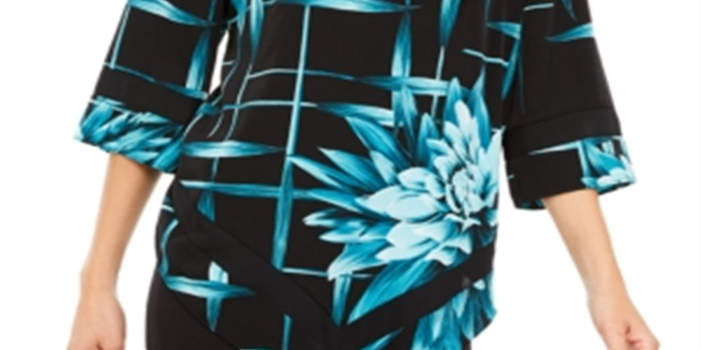 Blusa feminina Alfani estampada com bainha em V, azul, tamanho X-G