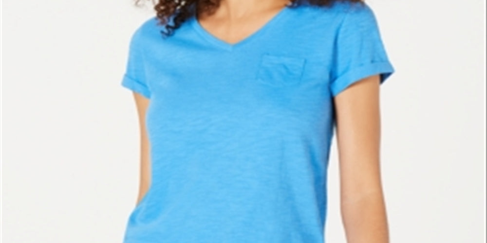 Camiseta feminina com decote em V e bolso, tamanho PP, azul