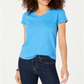 Camiseta feminina com decote em V e bolso, azul, tamanho pequeno M