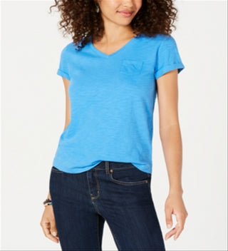 Camiseta feminina com decote em V e bolso, tamanho pequeno, azul, estilo &amp; co.