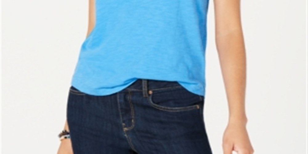 Camiseta feminina com decote em V e bolso, tamanho pequeno, azul, estilo &amp; co.