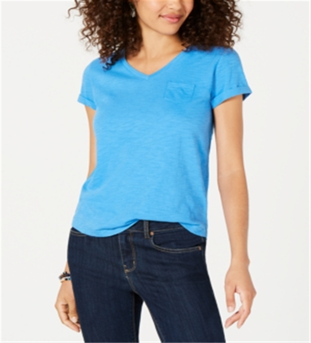 Camiseta feminina com decote em V e bolso, azul, tamanho pequeno G