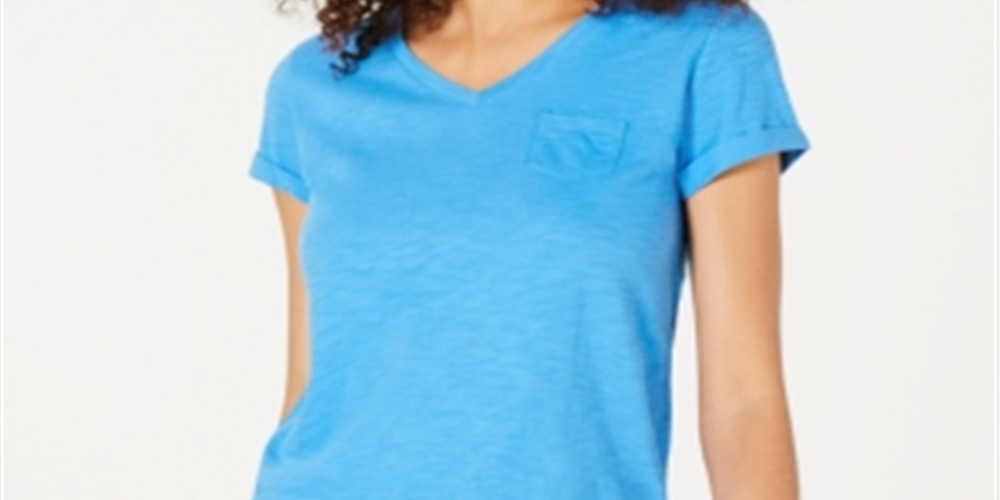 Camiseta feminina com decote em V e bolso, azul, tamanho pequeno G