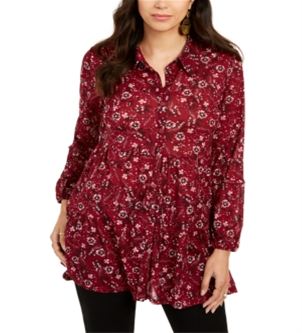 Camisa feminina com estampa floral e camadas, tamanho vinho, pequena, P