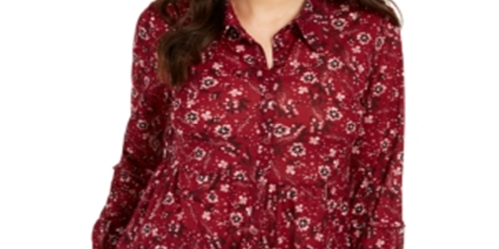 Camisa feminina com estampa floral e camadas, tamanho vinho, pequena, P