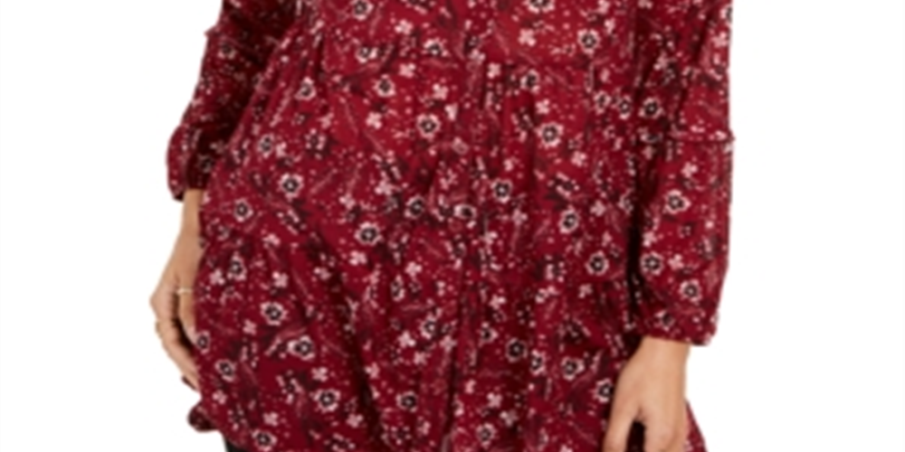 Camisa feminina com estampa floral e camadas, tamanho vinho, pequena, P