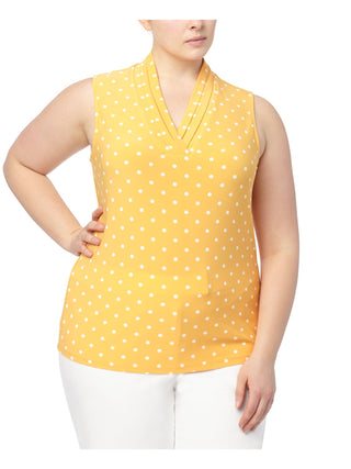 Blusa feminina Anne Klein plissada com bolinhas, sem mangas, gola V, amarela, tamanho grande