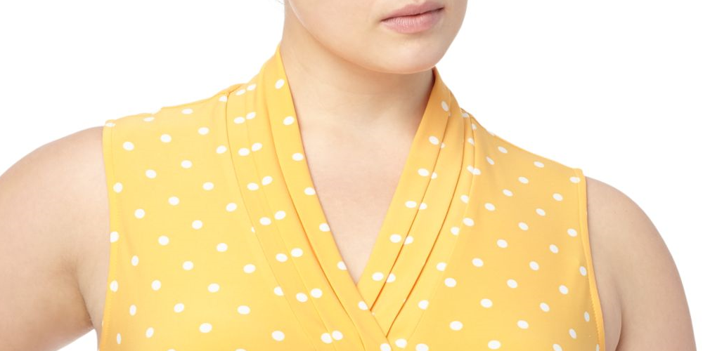 Blusa feminina Anne Klein plissada com bolinhas, sem mangas, gola V, amarela, tamanho grande