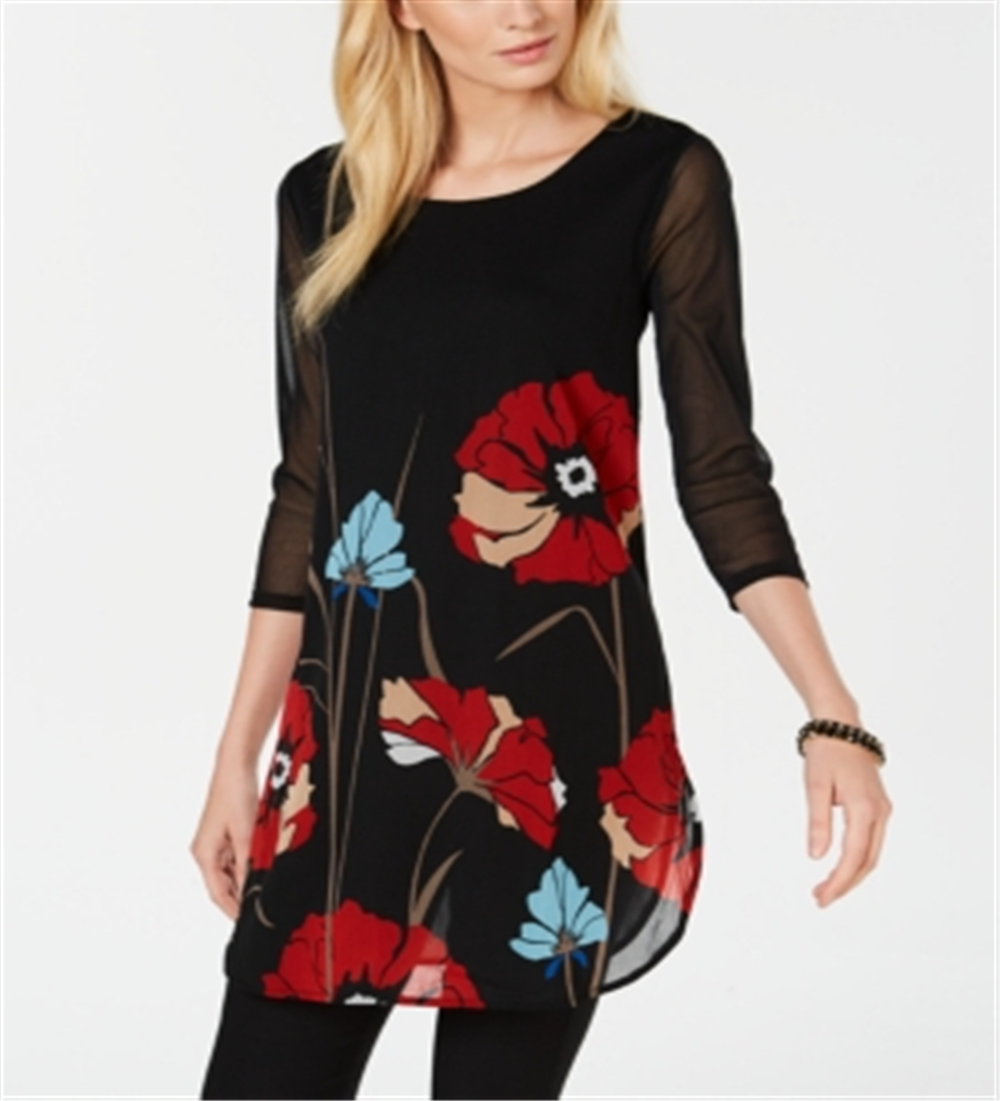 Túnica de malha estampada feminina Alfani, preta, tamanho pequeno GG