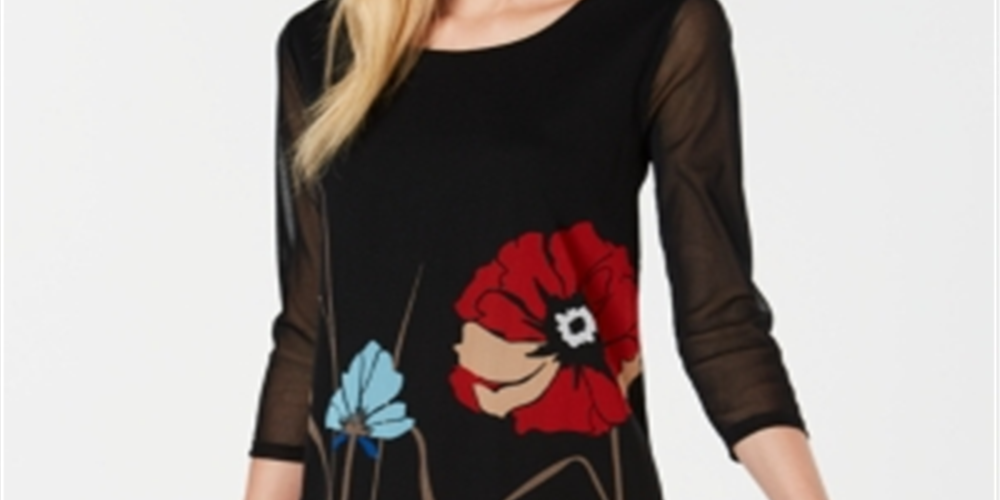 Túnica de malha estampada feminina Alfani, preta, tamanho pequeno GG