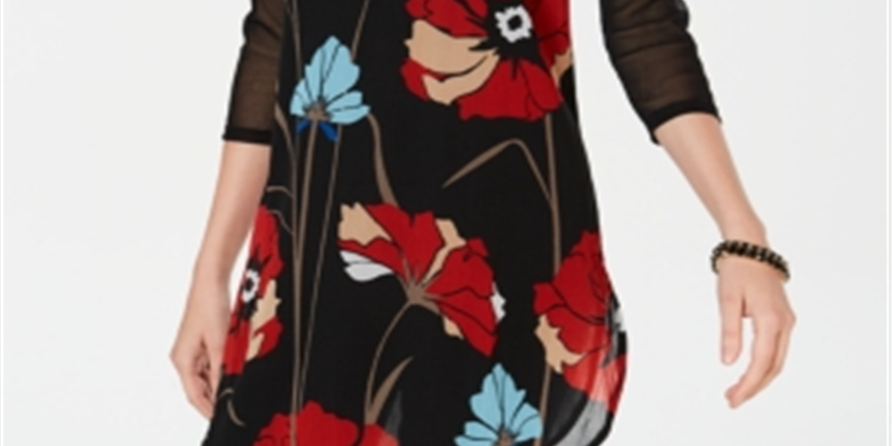 Túnica de malha estampada feminina Alfani, preta, tamanho pequeno GG