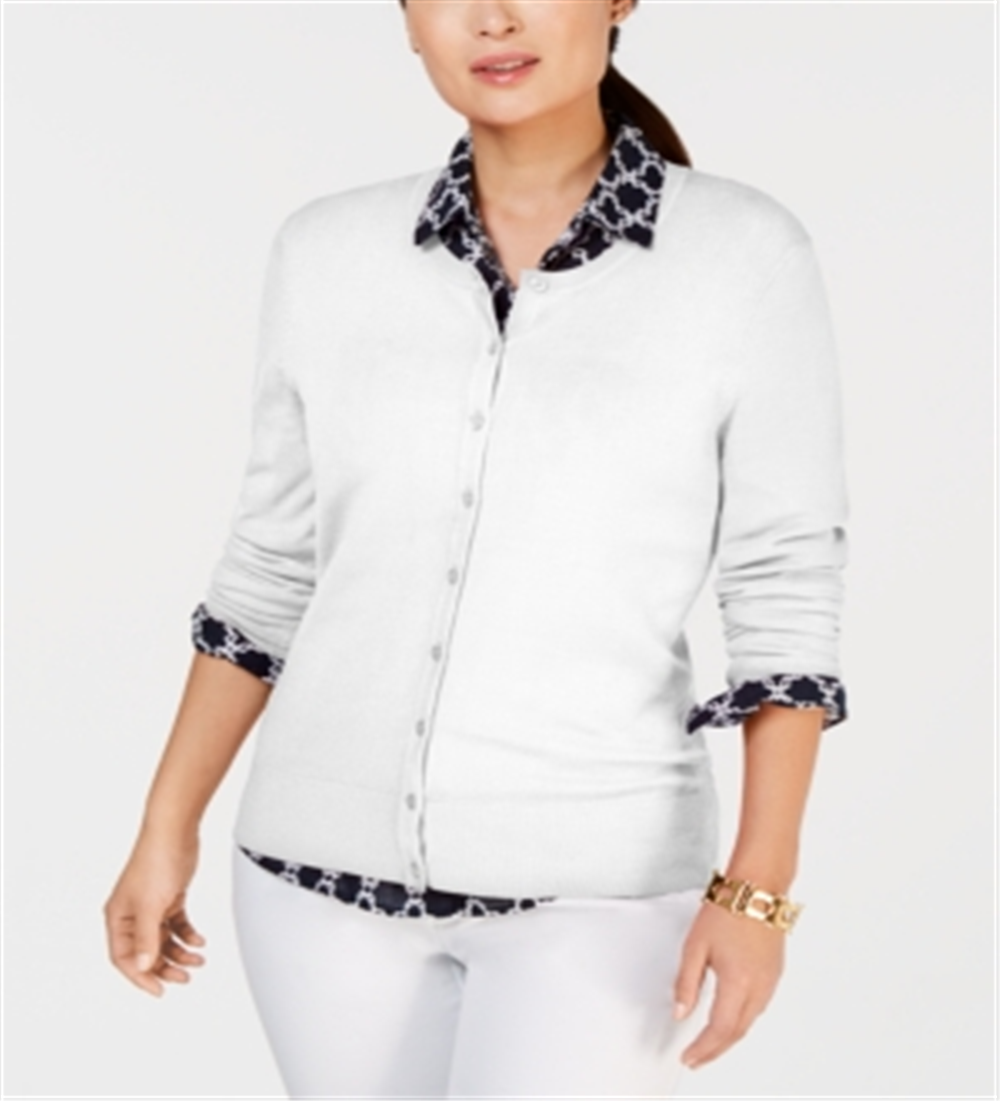 Cardigan feminino com gola redonda Charter Club, branco, tamanho pequeno GG