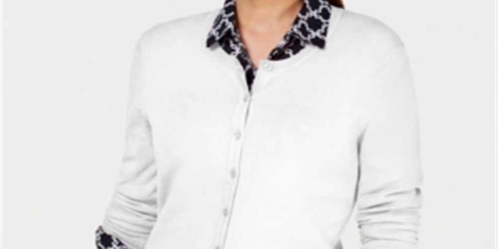 Cardigan feminino com gola redonda Charter Club, branco, tamanho pequeno GG