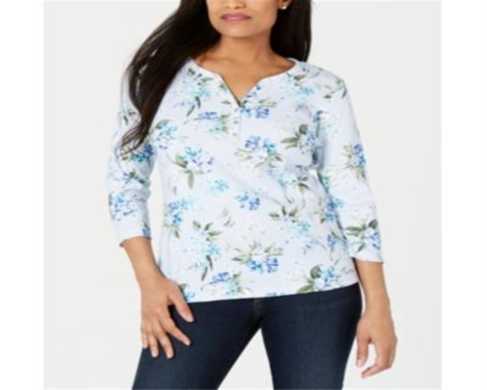 Karen Scott Blusa Henley Feminina Havana Falls Estampada Floral Azul Tamanho P