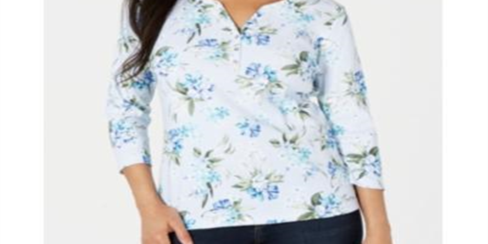 Karen Scott Blusa Henley Feminina Havana Falls Estampada Floral Azul Tamanho P