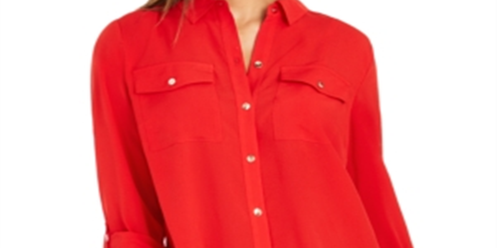 Camisa feminina Charter Club com dois bolsos, vermelha, tamanho X-S