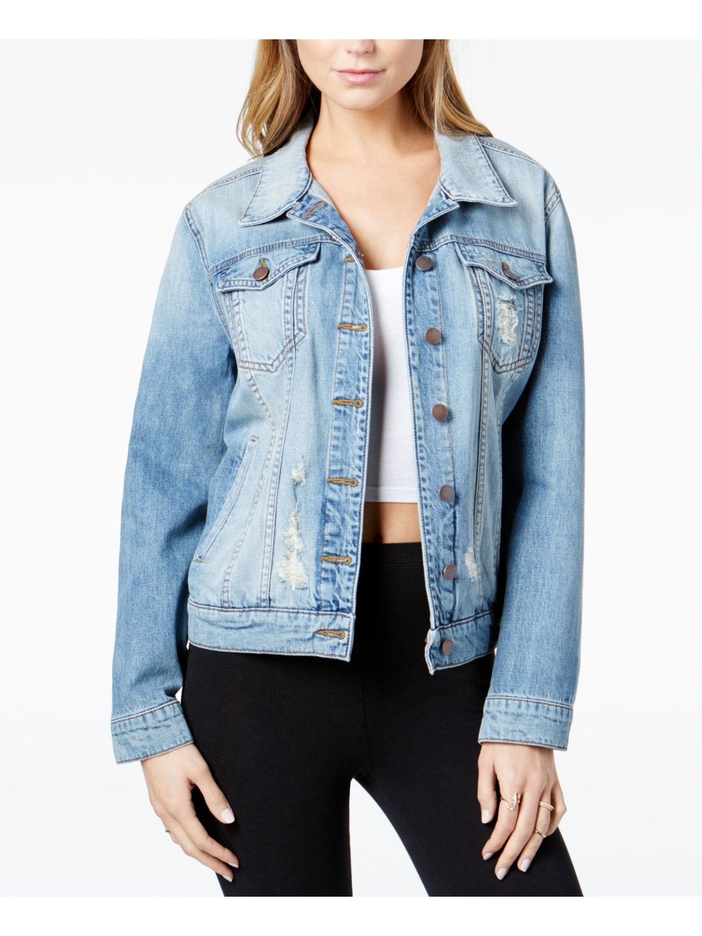 Jaqueta jeans feminina STS Blue com bolsos desfiados e botões, tamanho grande, azul, tamanho X-S