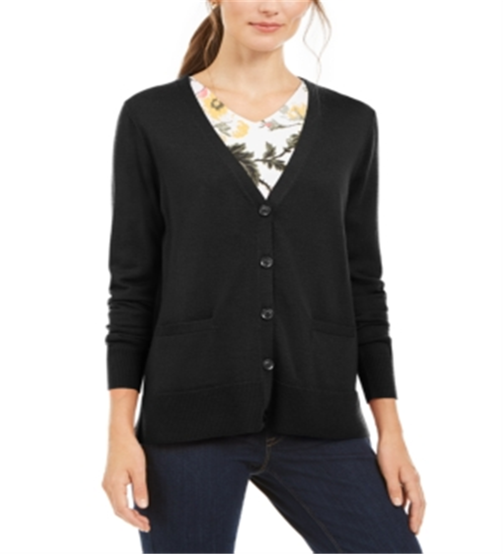 Cardigan feminino de lã merino com decote em V, preto, tamanho extrapequeno, Charter Club