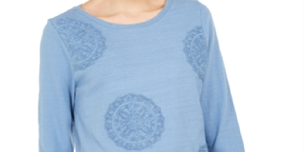 Charter Club Blusa feminina estampada com manga 3/4, azul, tamanho médio