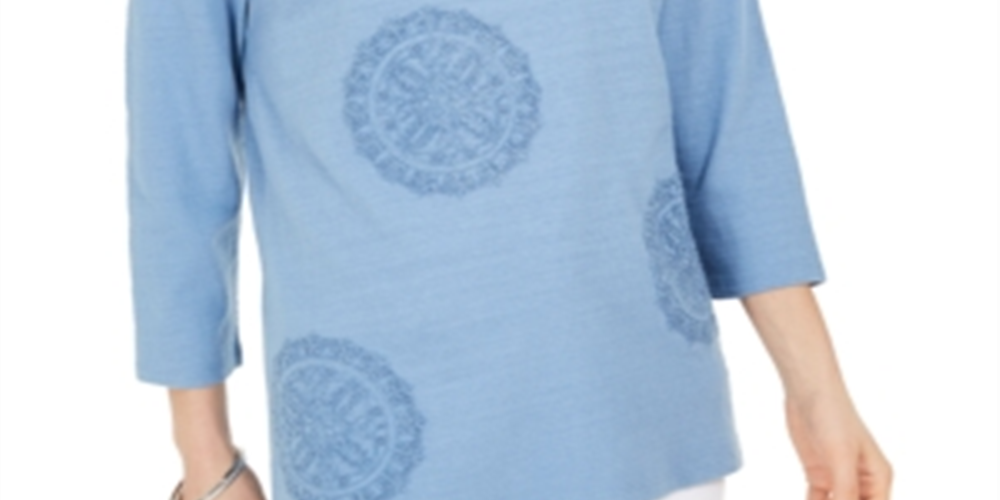 Charter Club Blusa feminina estampada com manga 3/4, azul, tamanho médio