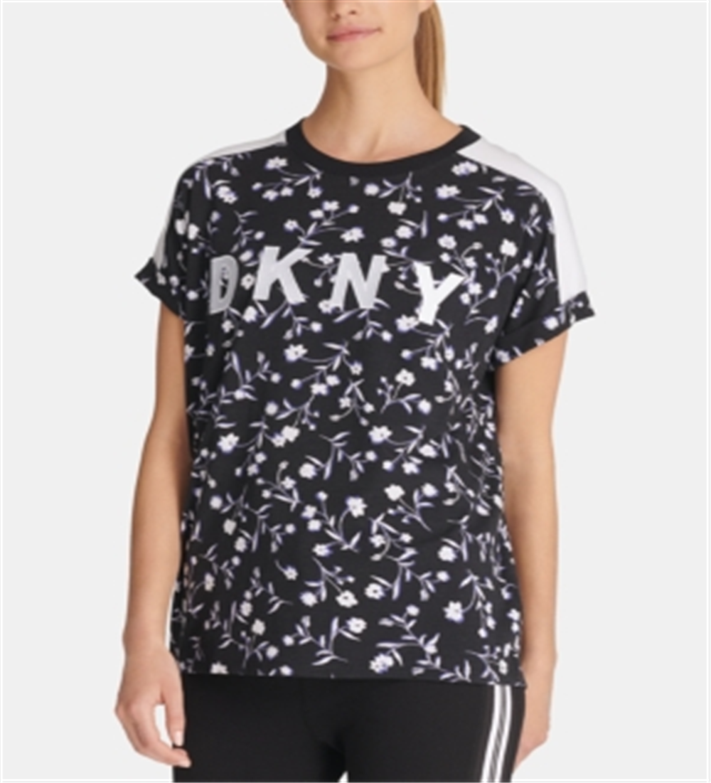 Camiseta feminina DKNY com logo relaxado, preta, tamanho pequeno