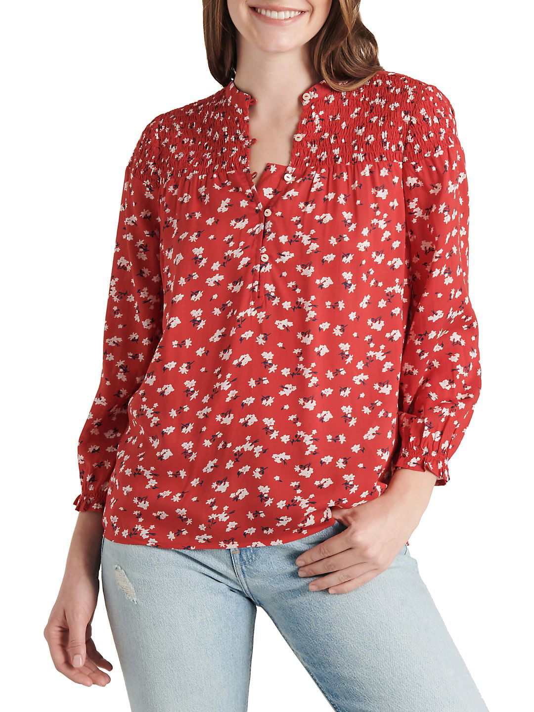 Blusa feminina Lucky Brand Floral Smocked Vermelha Tamanho P