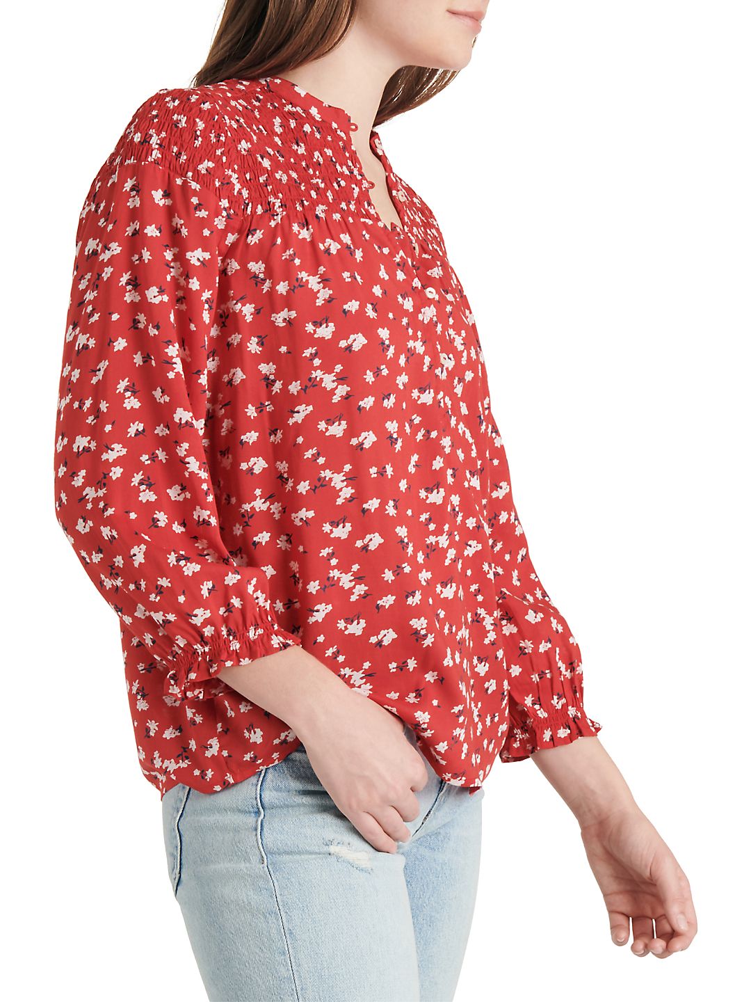 Blusa feminina Lucky Brand Floral Smocked Vermelha Tamanho P