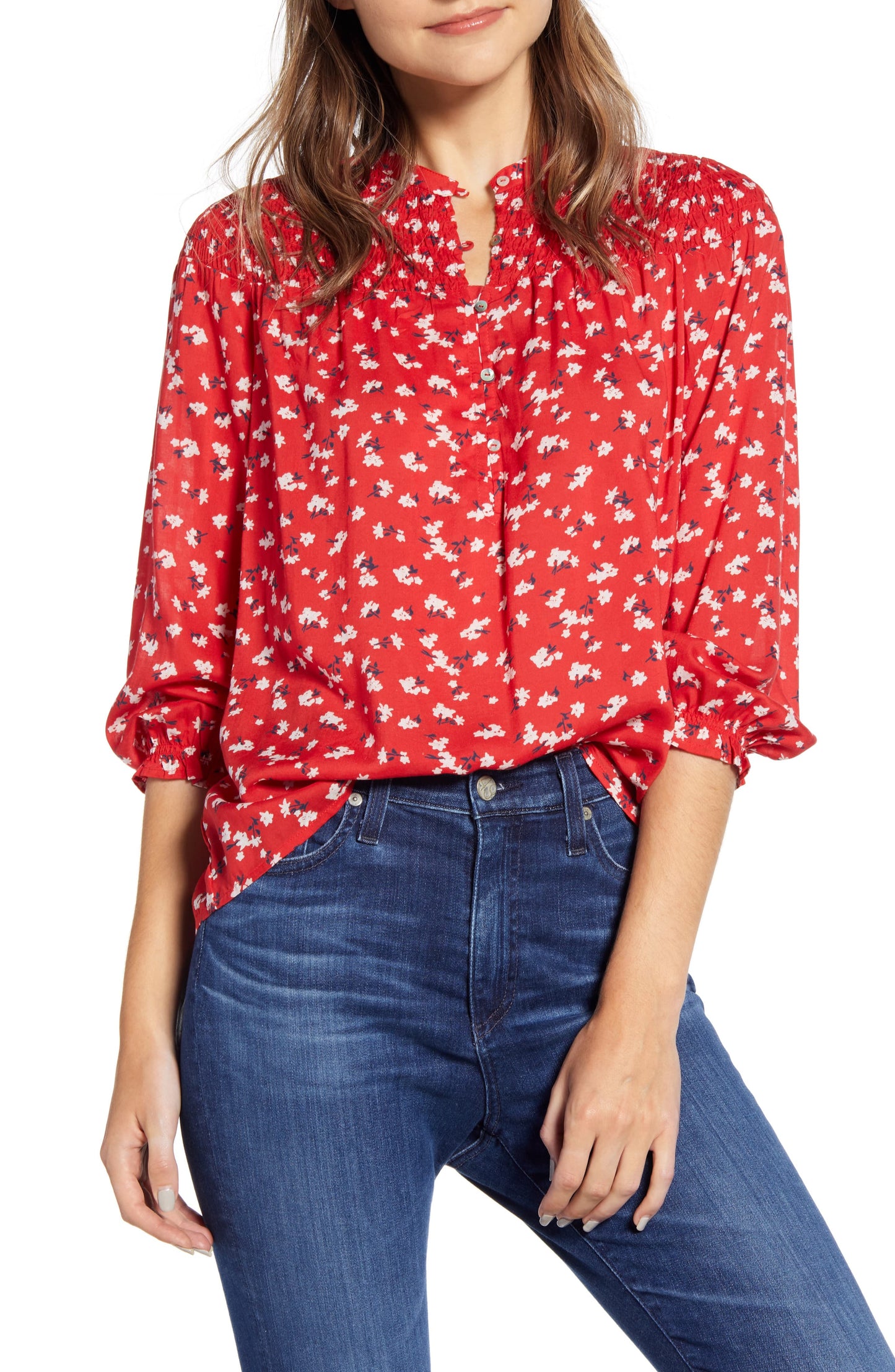 Blusa feminina Lucky Brand Floral Smocked Vermelha Tamanho P