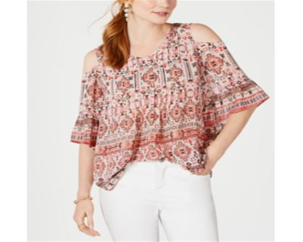 Blusa feminina estampada com ombros descobertos, rosa, tamanho pequeno e pequeno