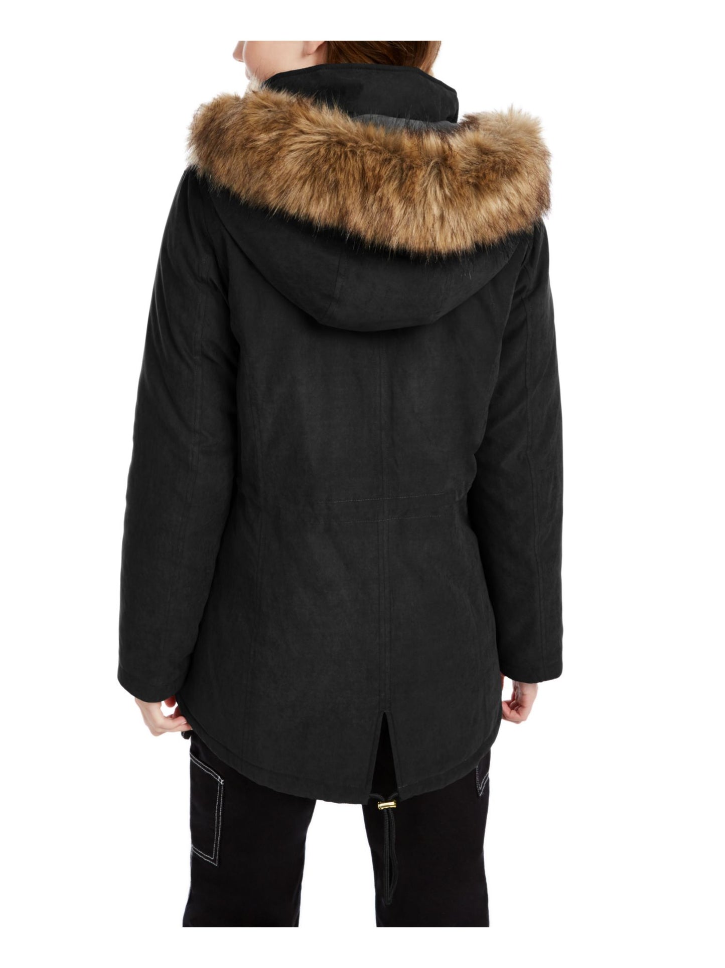 Parka de pele sintética com capuz rosa celebridade feminina, casaco de inverno infantil preto, tamanho grande