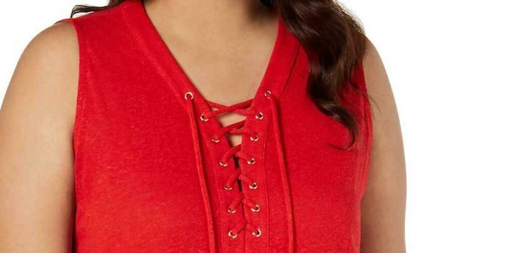 INC International Concepts Top feminino transparente com cadarço vermelho tamanho pequeno P