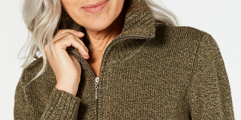 Karen Scott Suéter feminino com gola alta e zíper, verde, tamanho extrapequeno