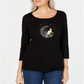 Karen Scott Blusa de algodão com manga 3/4 e detalhes embelezados, preta, tamanho X-S