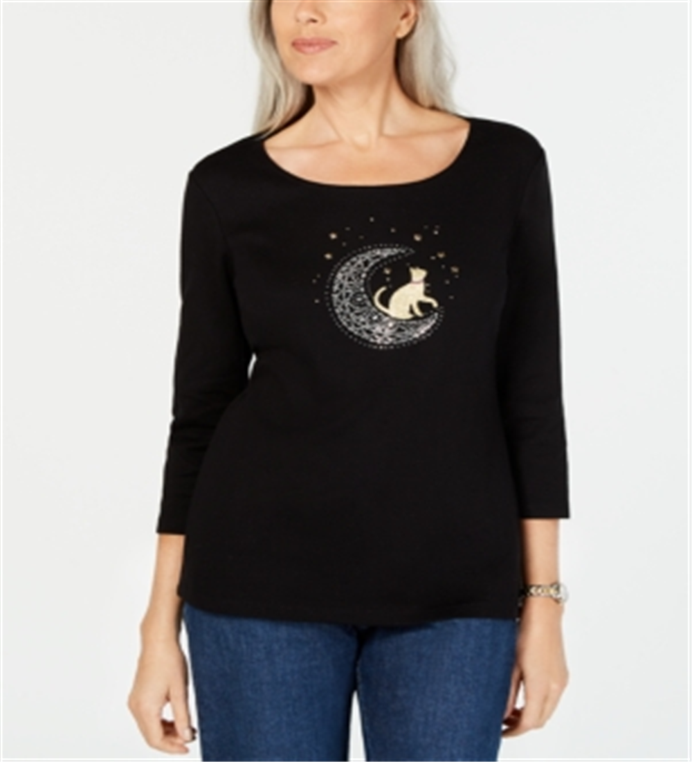 Karen Scott Blusa de algodão com manga 3/4 e detalhes embelezados, preta, tamanho X-S