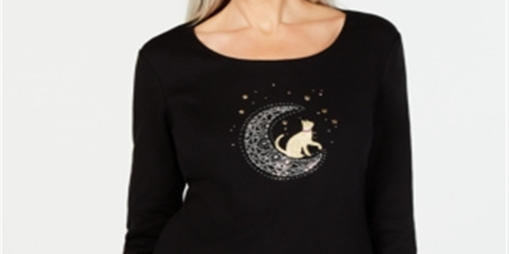 Karen Scott Blusa de algodão com manga 3/4 e detalhes embelezados, preta, tamanho X-S