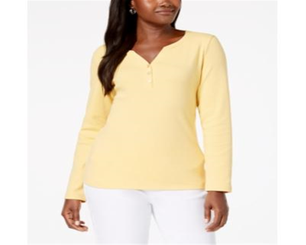 Karen Scott Top Henley de algodão feminino, amarelo, tamanho X-S
