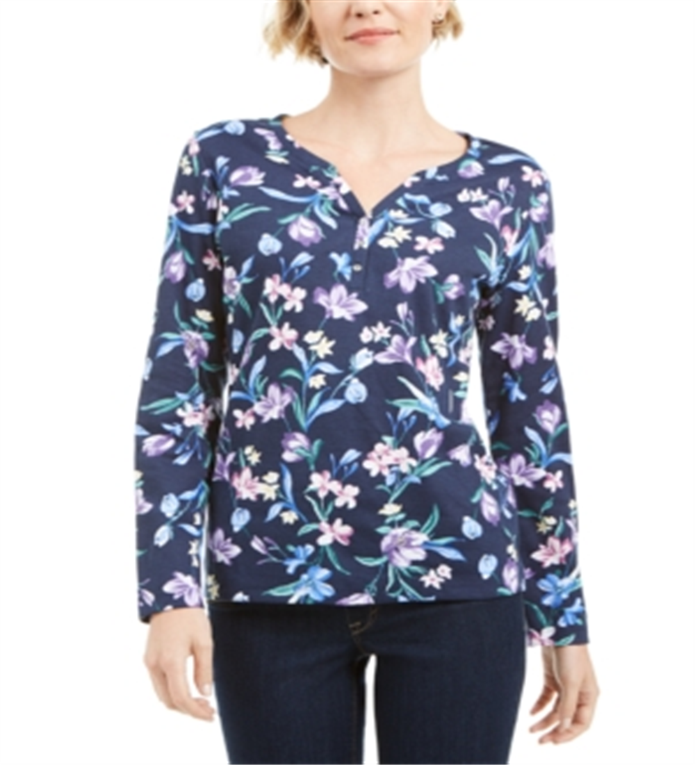 Karen Scott Blusa Henley Feminina Estampa Floral Azul Tamanho X-S