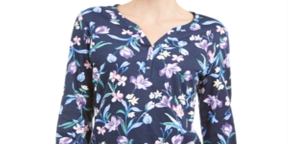 Karen Scott Blusa Henley Feminina Estampa Floral Azul Tamanho X-S
