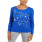 Blusa de algodão com detalhes Karen Scott para mulheres, azul, tamanho X-S