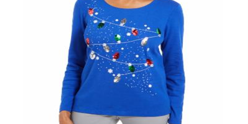 Blusa de algodão com detalhes Karen Scott para mulheres, azul, tamanho X-S