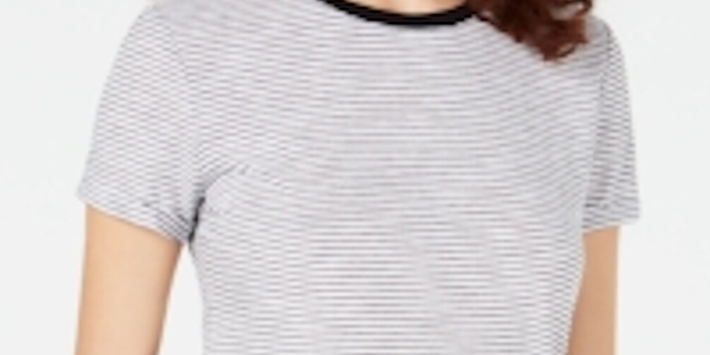 Camiseta feminina listrada de manga curta e gola redonda Maison Jules, branca, tamanho grande