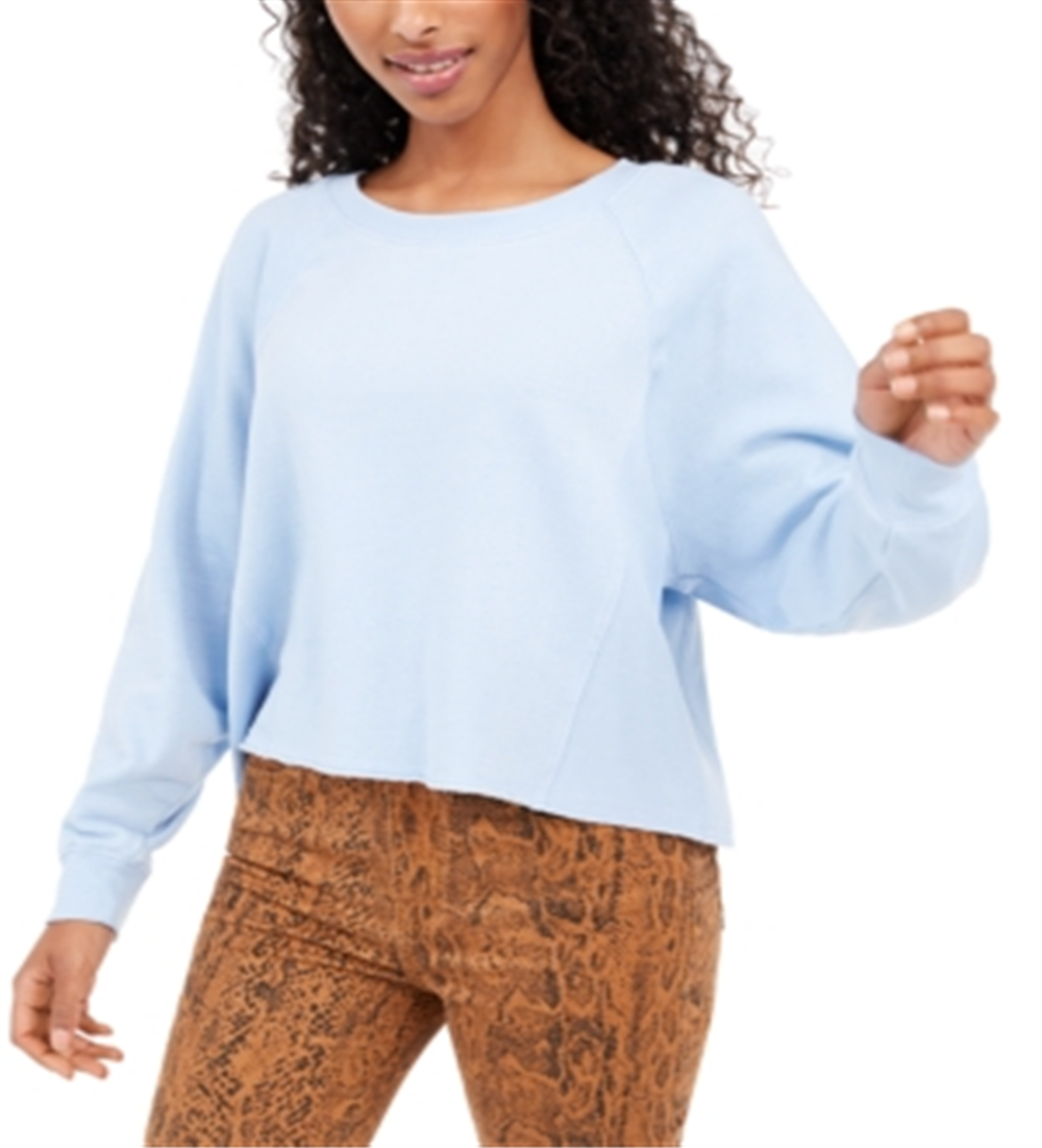 Moletom Hippie Rose Junior Cropped com Borda Crua Azul Tamanho Grande