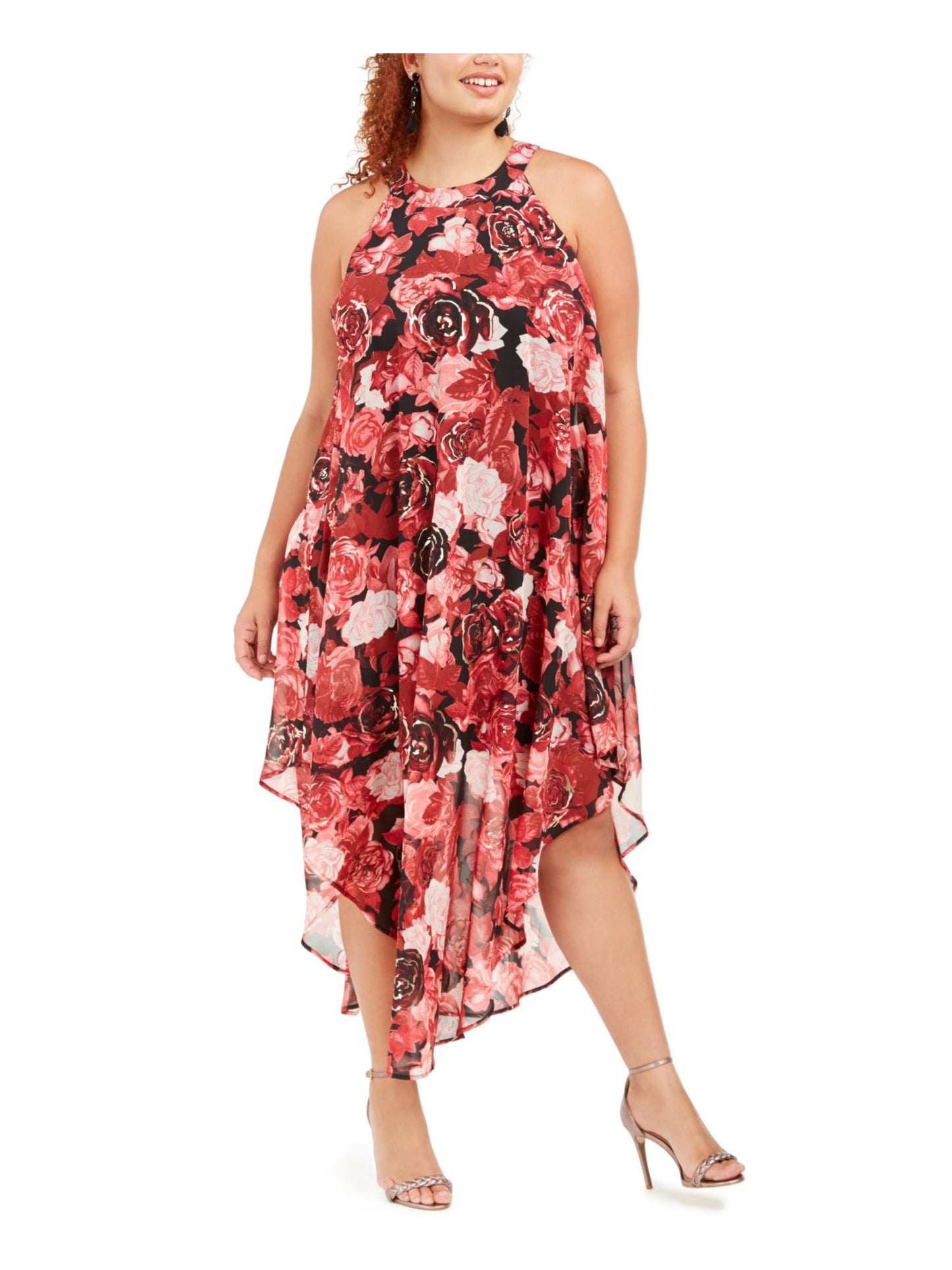 Vestido midi floral sem mangas Love Squared feminino vermelho tamanho 3X