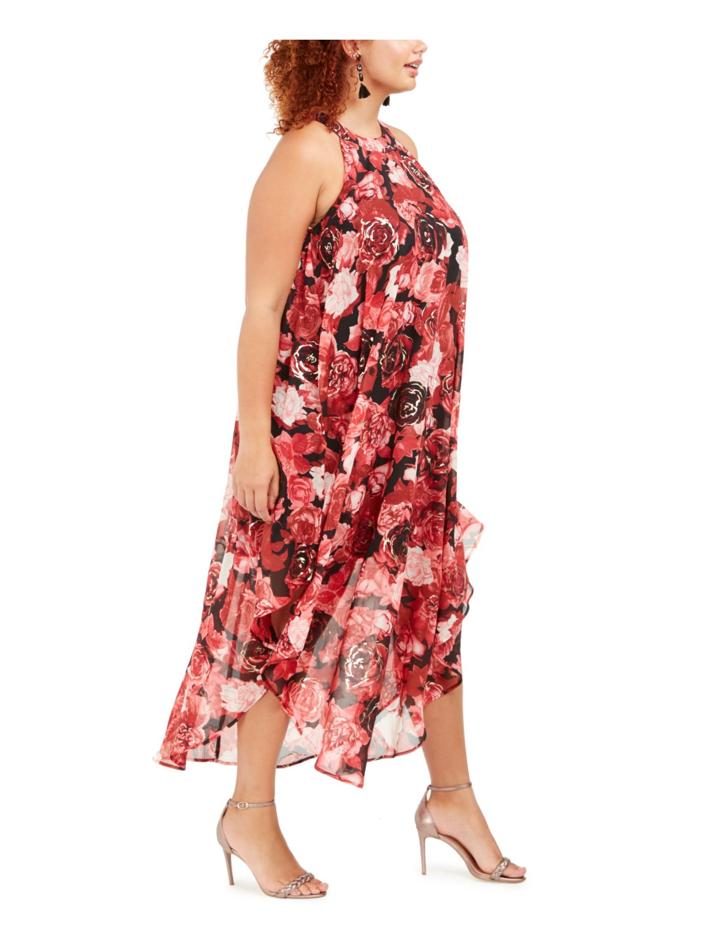 Vestido midi floral sem mangas Love Squared feminino vermelho tamanho 3X